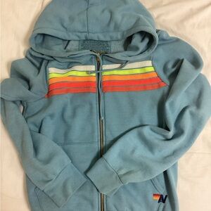 Aviator Nation Blue Hoodie with Rainbow Stripes